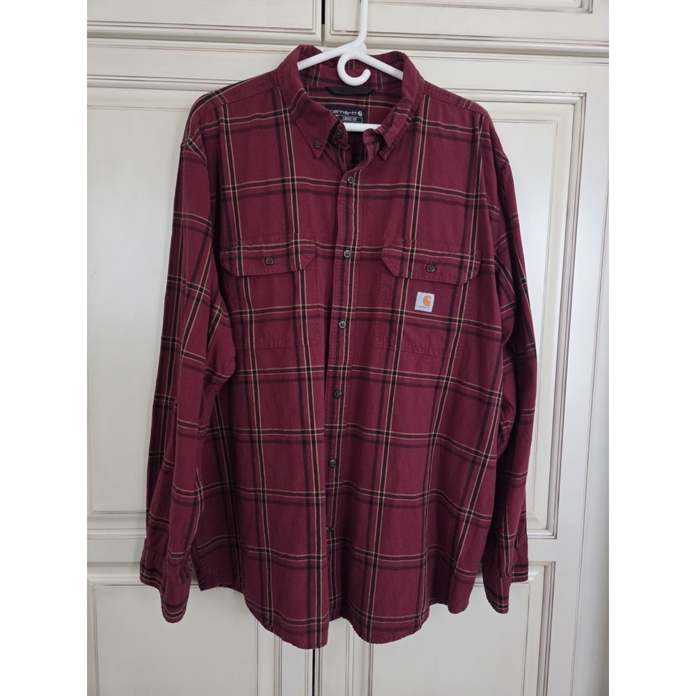Carhartt Loose Fit Plaid Button Down Shirt Mens Xl Wine Dark Burgundy Layer‎